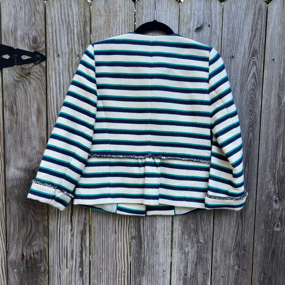 TALBOTS Tweed White Navy Jade Green Stripe Blazer Women’s 2P NWT NEW - Picture 14 of 16